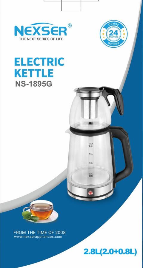 Nexser Elektrische Waterkoker Glas 2.0L + 1.0L – 1500W – RVS – Automatische Uitschakeling – Warmhoudfunctie – Cordless 360° Basis