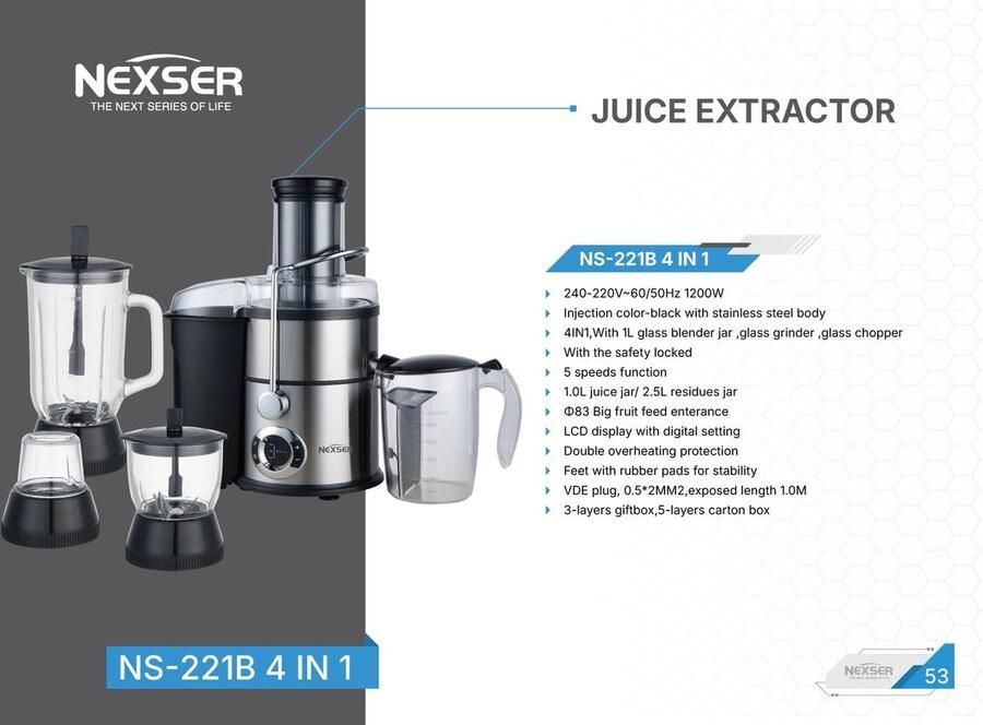 Nexser 4-in-1 Blender & Juicer – 1200W Multifunctionele Keukenmachine met 2 5 L Glazen Kom – Voor Smoothies Babyvoeding Vlees & Ijsklontjes