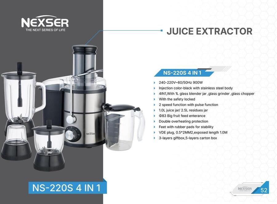 Nexser 900W Sapcentrifuge – 4-in-1 Juicer Machine met RVS Blades en Brede Vulschacht – Elektrische Juicer voor Groenten en Fruit 1.5L