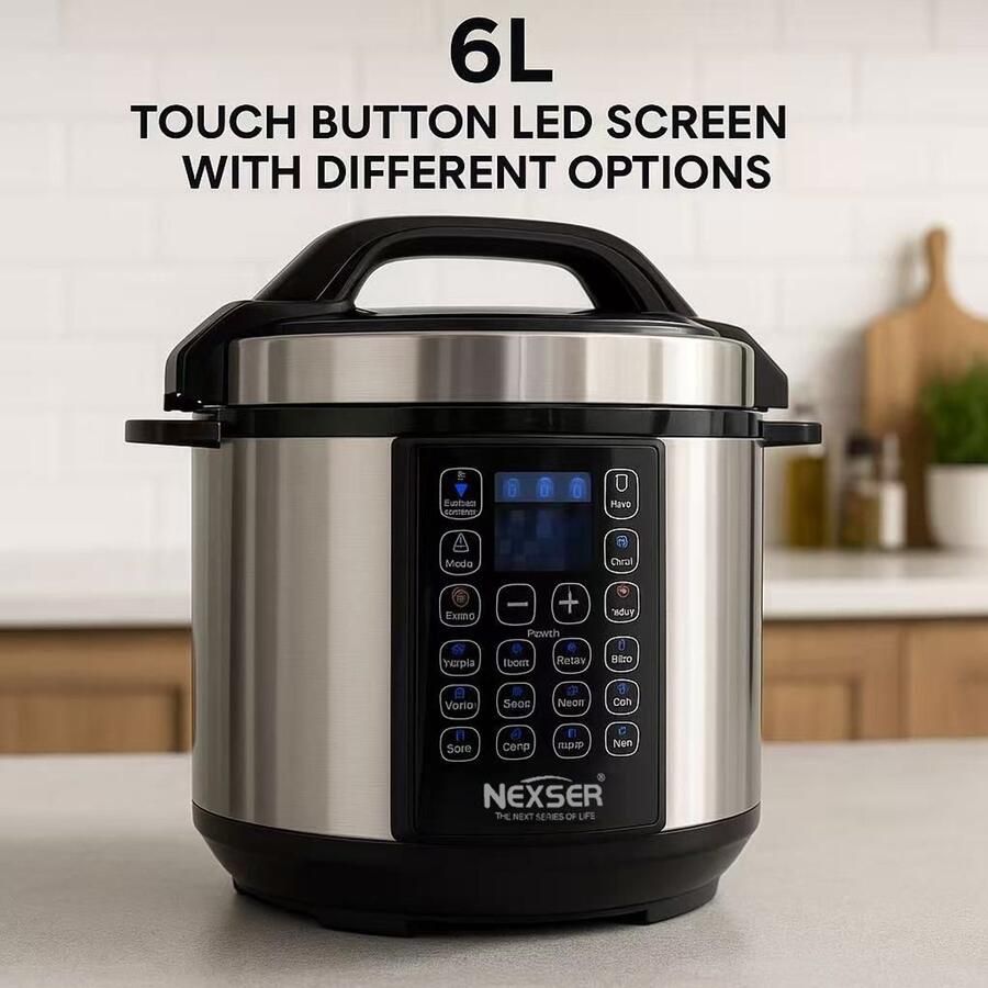 Nexser Elektrische Snelkookpan 10-in-1 – 6L – 1000W – RVS – aanraakknop – LED Display – Instelbare Druk – Anti-aanbaklaag – 8-Voudige Beveiliging