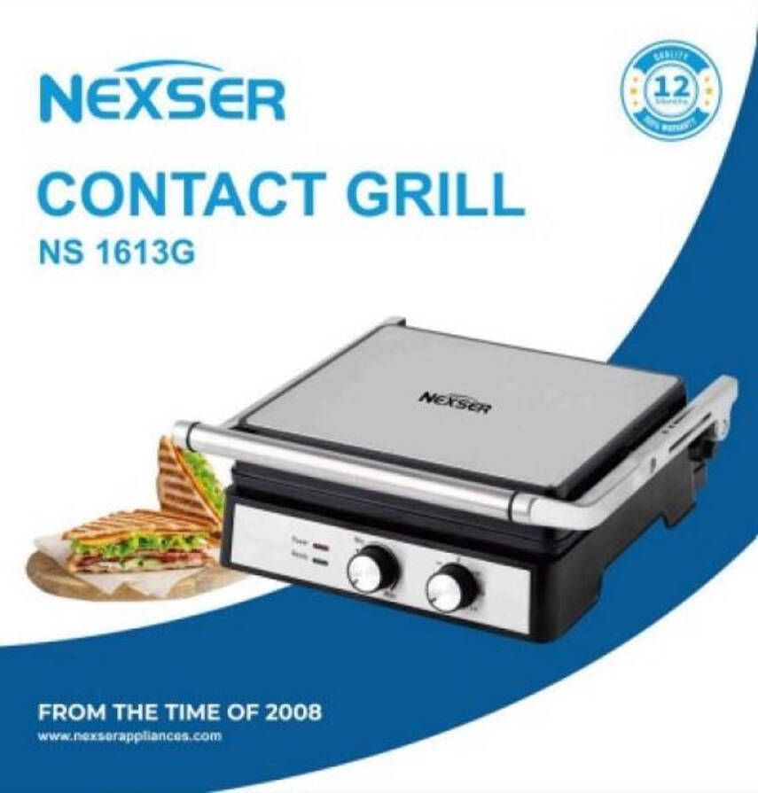 Nexser Professionele Contact Grill – 2000W – 4-Slice Sandwich Maker & Panini Press – RVS – Temperatuurregeling – Smokeless – PTFE Anti-aanbaklaag