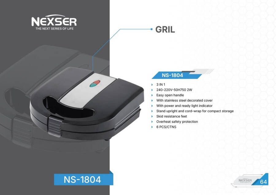 Nexser Sandwich Maker 2-Slice – 750W – Grill & Wafelplaten – Anti-aanbaklaag – Cool Touch – Afneembare Platen – Compact Ontbijt Toestel