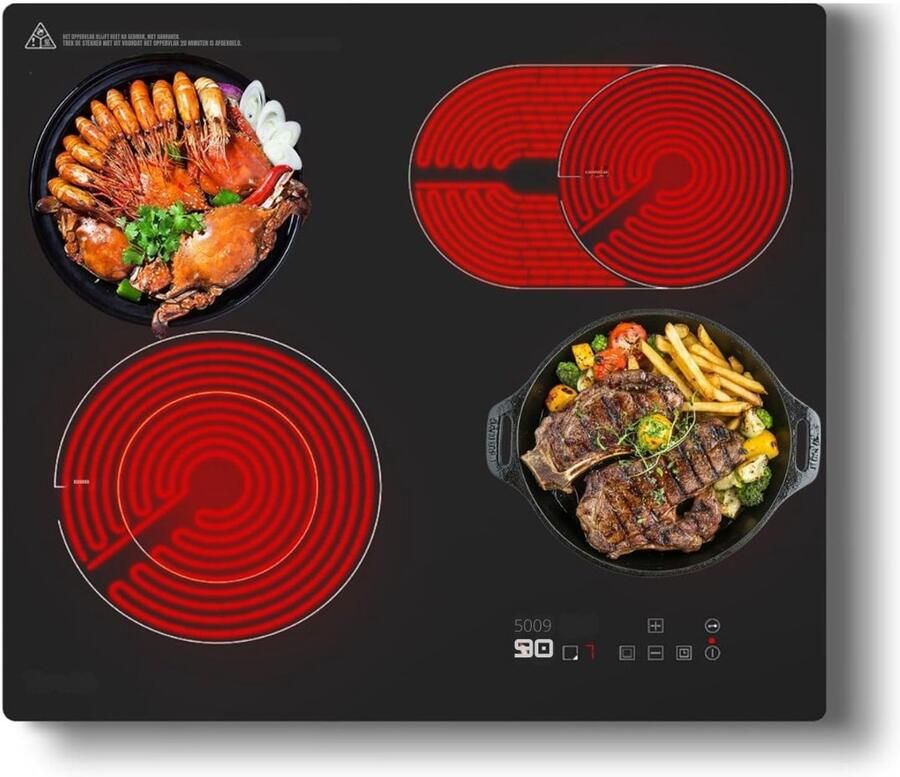 Nexvo Elektrische Kookplaat 4 Pits Elektrische Fornuis Elektrische Kookplaat Vrijstaand 4 Kookzones Kinderslot Keramische Houtnerf Zwart 60cm x 52cm x 6cm