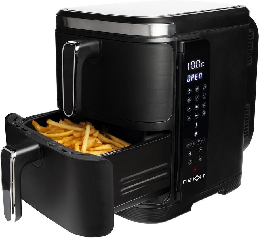 Nexxt Double Stacked Airfryer met 12 Kookprogramma s – Dubbele Heteluchtfriteuse – 5 + 5 Liter – 11 Liter – Gestapeld Opvouwbaar Display – Zwart