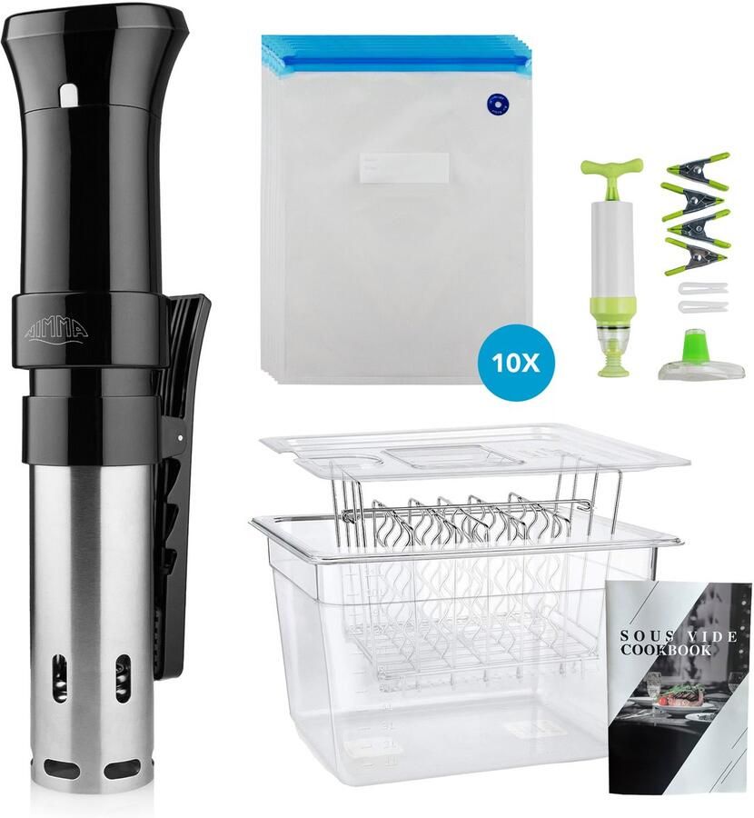 Nimma Sous Vide Complete Set Sous Vide Stick met Kookboek Vacuumzakken 1100W 12 Liter BPA-vrij Sous Vide Waterbak Zwart van