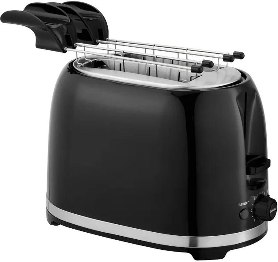 Ningbo Two More Imp& Exp Co. Ltd. Classic Broodrooster met Tostiklemmen Tosti Apparaat 850W Retro Tosti Ijzer & Toaster Brede Sleuven & 7 Standen Ontdooi & Verwarm functie Inclusief E-book Broodrooster Zwart