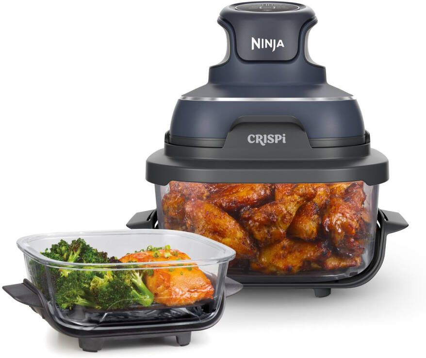 Ninja CRISPi 4-in-1 compact glazen kooksysteem Airfryer Roast Recrisp Keep Warm Inclusief twee glazen schalen van 3.8L en 1.4L en bijpassende deksels 2 Crisper-Plates Blauw FN101EUGY