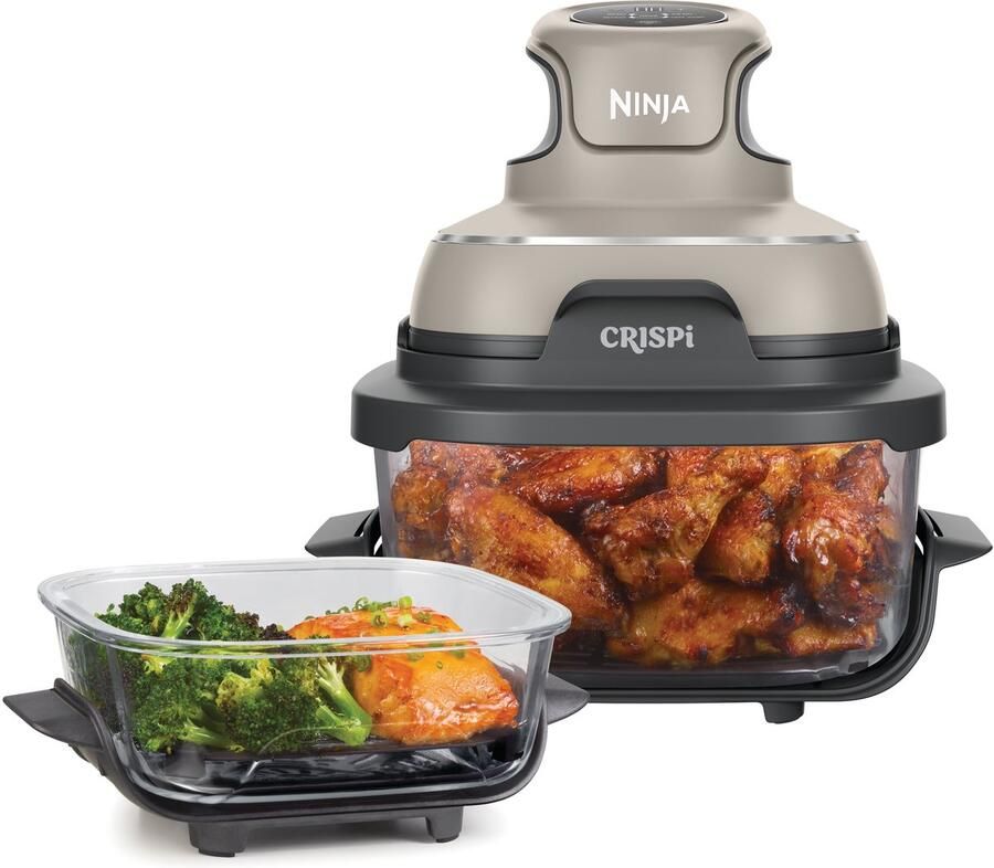 Ninja CRISPi 4-in-1 compact glazen kooksysteem Airfryer Roast Recrisp Keep Warm Inclusief twee glazen schalen van 3.8L en 1.4L en bijpassende deksels 2 Crisper-Plates Grijs FN101EUST