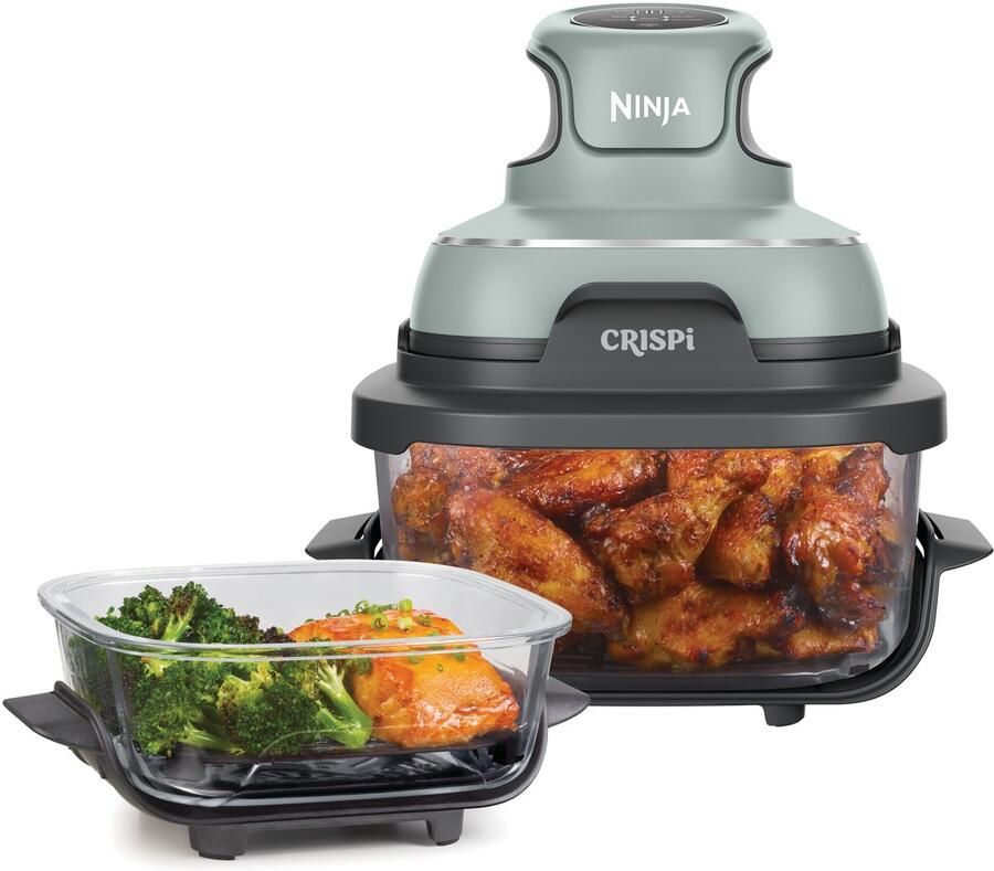 Ninja CRISPi 4-in-1 compact glazen kooksysteem Airfryer Roast Recrisp Keep Warm Inclusief twee glazen schalen van 3.8L en 1.4L en bijpassende deksels 2 Crisper-Plates Groen FN101EUSG
