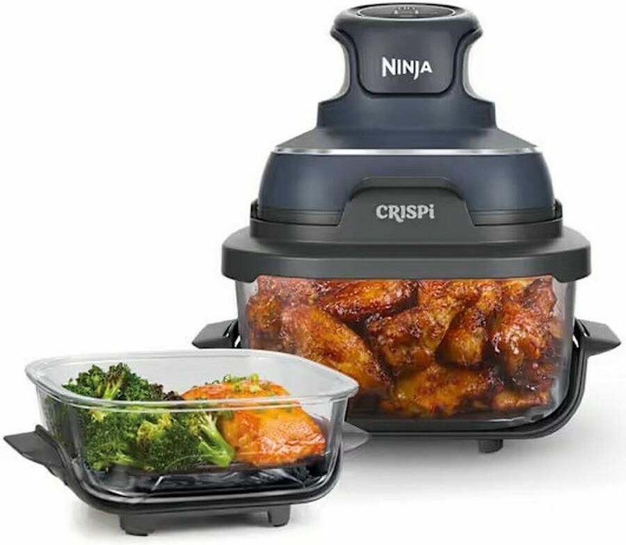 Ninja CRISPi 4-in-1 compact glazen kooksysteem Airfryer Roast Recrisp Keep Warm Inclusief twee glazen schalen van 3.8L en 1.4L en bijpassende deksels 2 Crisper-Plates Blauw FN101EUGY