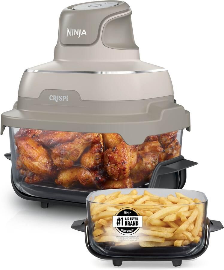 Ninja CRISPi 4-in-1 Glazen Airfryer 3 8 l en 2 3 l airfryen braden warmhouden en opnieuw krokant maken compact ontwerp 2 verwijderbare glazen schalen en deksels 1700 W Beige FN201EUSD2