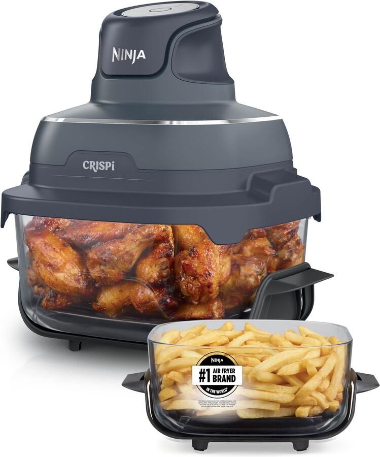 Ninja CRISPi 4-in-1 Glazen Airfryer 3 8 l en 2 3 l airfryen braden warmhouden en opnieuw krokant maken compact ontwerp 2 verwijderbare glazen schalen en deksels 1700 W Blauw FN201EUBL1