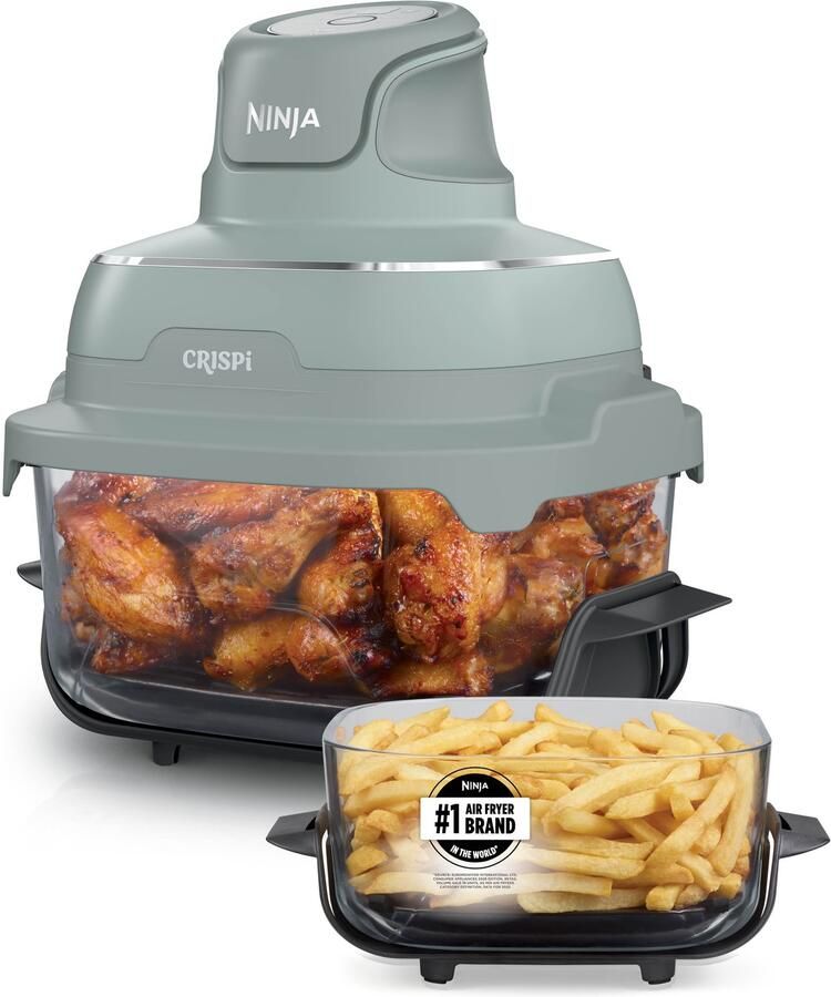 Ninja CRISPi 4-in-1 Glazen Airfryer 3 8 l en 2 3 l airfryen braden warmhouden en opnieuw krokant maken compact ontwerp 2 verwijderbare glazen schalen en deksels 1700 W Groen FN201EUGN8