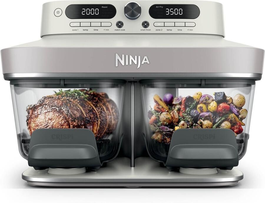 Ninja CRISPi DualZone Glazen Airfryer met 2 manden 8 kookfuncties Kook twee gerechten tegelijkertijd PFAS-vrije glazen schalen Inclusief deksels Gebroken wit DD102EUIV2