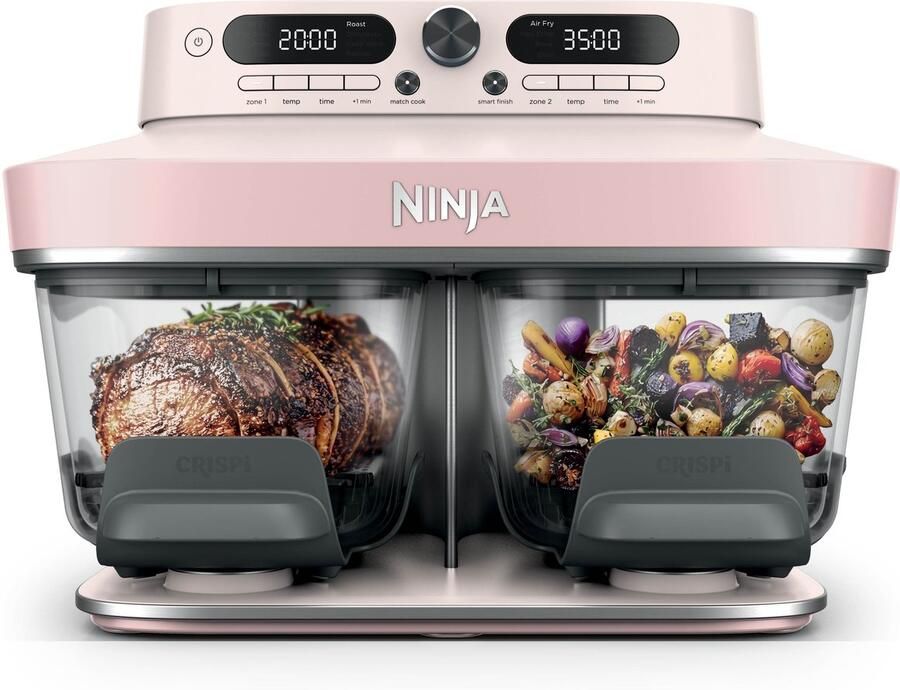 Ninja CRISPi DualZone Glazen Airfryer met 2 manden 8 kookfuncties Kook twee gerechten tegelijkertijd PFAS-vrije glazen schalen Inclusief deksels Rosékwarts DD102EUPK1