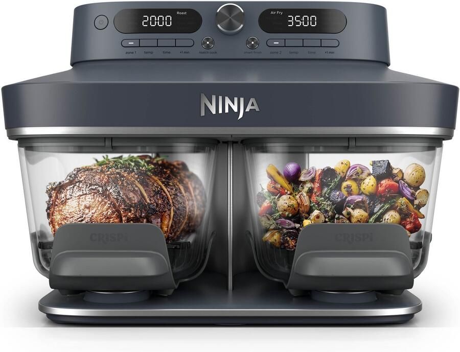 Ninja CRISPi DualZone Glazen Airfryer met 2 manden 8 kookfuncties Kook twee gerechten tegelijkertijd PFAS-vrije glazen schalen Inclusief deksels Cyberspace DD102EUBL1