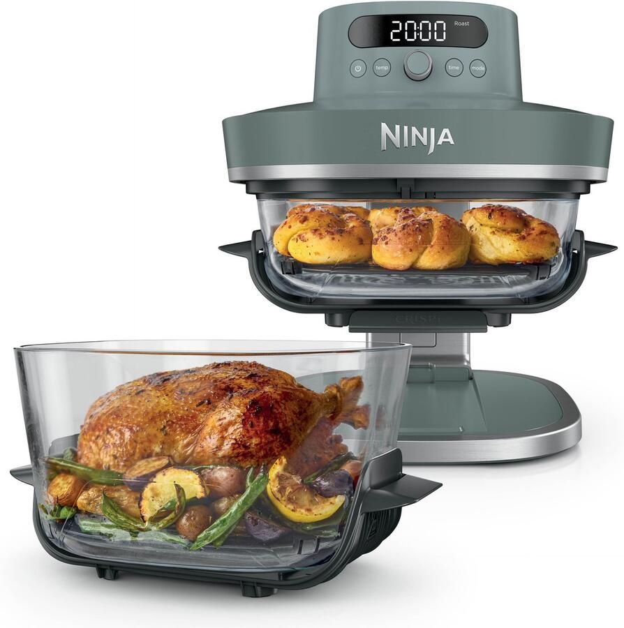 Ninja CRISPi PRO XL Glazen Airfryer met 7 kookfuncties Airfryen Bakken Braden Rijzen Drogen. Max Crisp en Opnieuw krokant maken 2.3 liter en 5.7 liter glazen schaal PFAS vrij koken Grijsgroen AS101EUGY