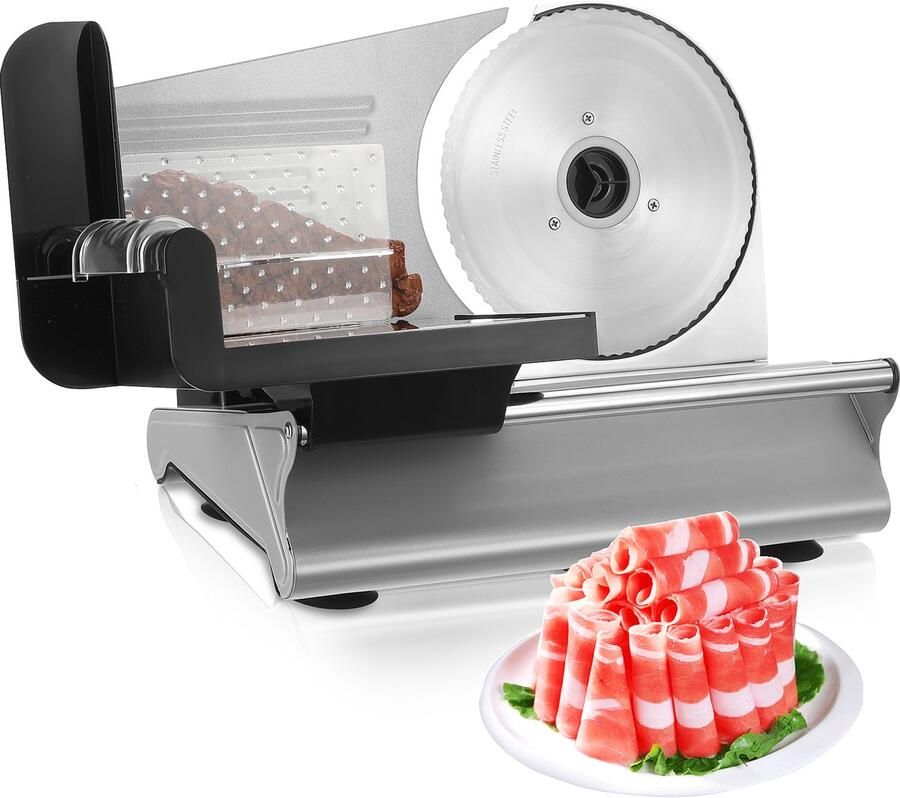 No Elektrische Vleessnijmachine 200W – Roestvrij Staal Instelbare Dikte – Voor Vlees Kaas Brood Groenten – Compact & Krachtig – Geschikt voor Thuis Keuken of Hobby
