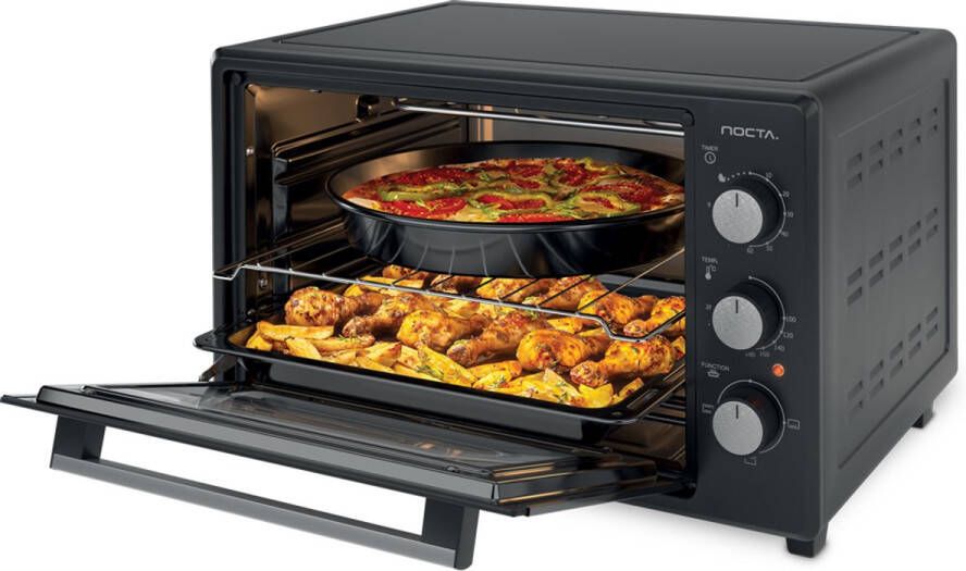 NOCTA. Nocta hetelucht oven 38 liter elektrisch vrijstaand zwart 1800 watt met timer binnenverlichting accessoires en dubbel glas CE gecertificeerd