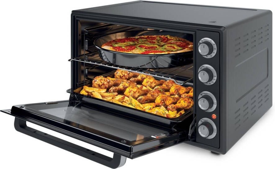 NOCTA. Nocta hetelucht oven 70 liter elektrisch vrijstaand zwart 2000 watt met ontdooi functie timer binnenverlichting accessoires dubbel glas CE gecertificeerd
