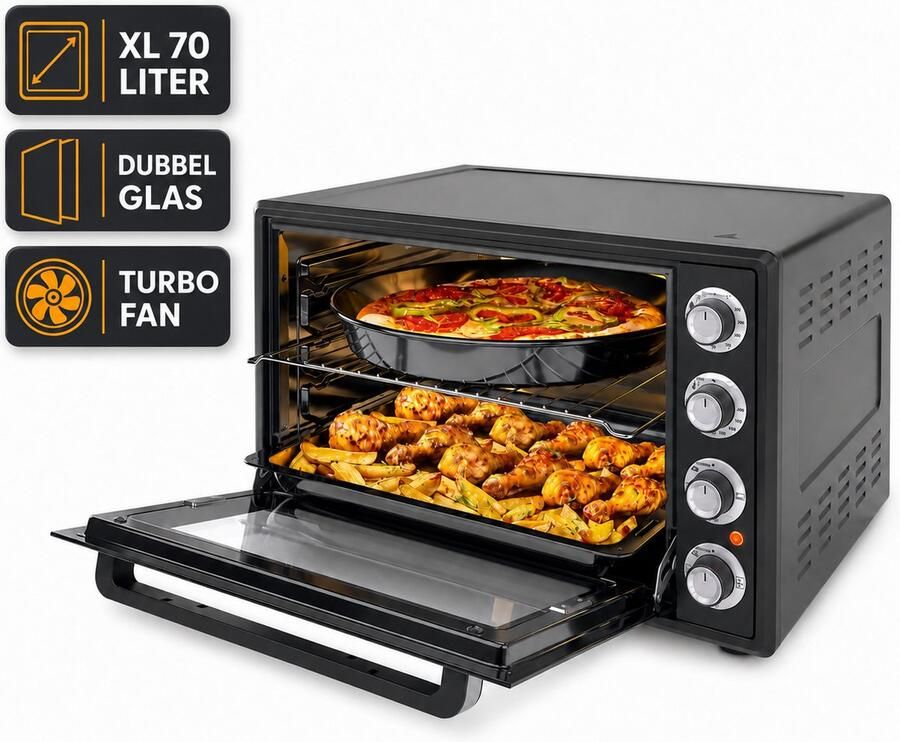 NOCTA. Nocta hetelucht oven 70 liter elektrisch vrijstaand grijs 2000 watt met ontdooi functie timer binnenverlichting accessoires dubbel glas CE gecertificeerd - Foto 2