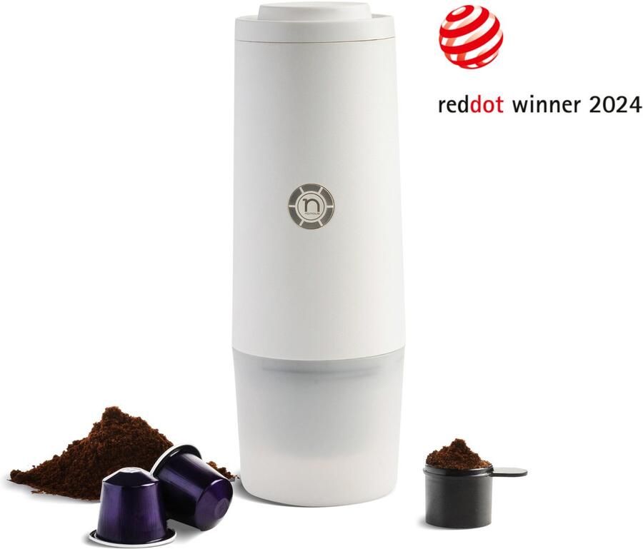 Nomious Prime Brew – Draagbare Handmatige Espressomachine 20 Bar – Mini & Compact Portable Koffiemachine – Voor Onderweg Camping Auto boot vliegtuig sup fiets – Compatibel met Nespresso-maat koffiecups & Gemalen Koffie – Cream WIT