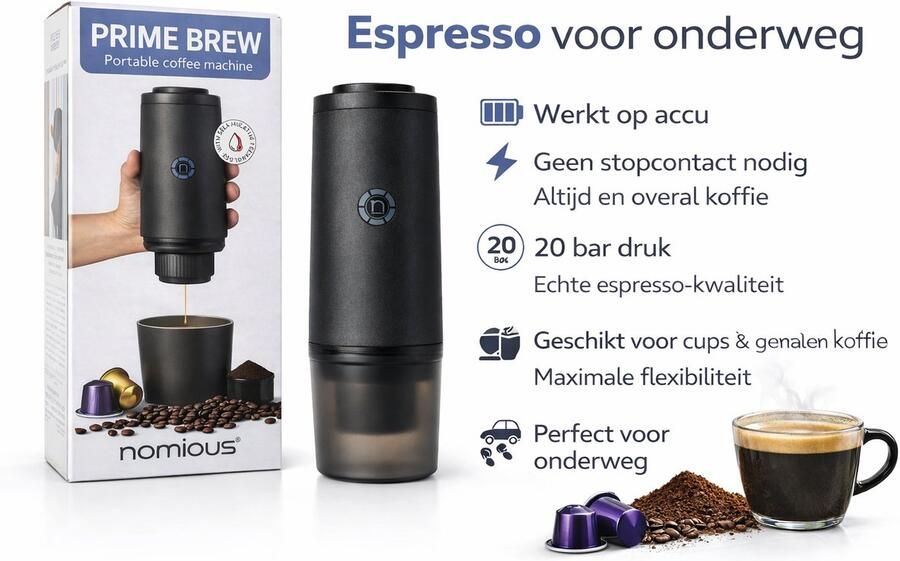 Nomious Prime Brew – Draagbare espressomachine & portable espresso maker – Elecrische koffiemachine voor koffie onderweg – Mini espresso apparaat met barista-kwaliteit – ook voor decafé nespresso Gemakkelijk mee te nemen op reis camping of kantoor - Foto 5