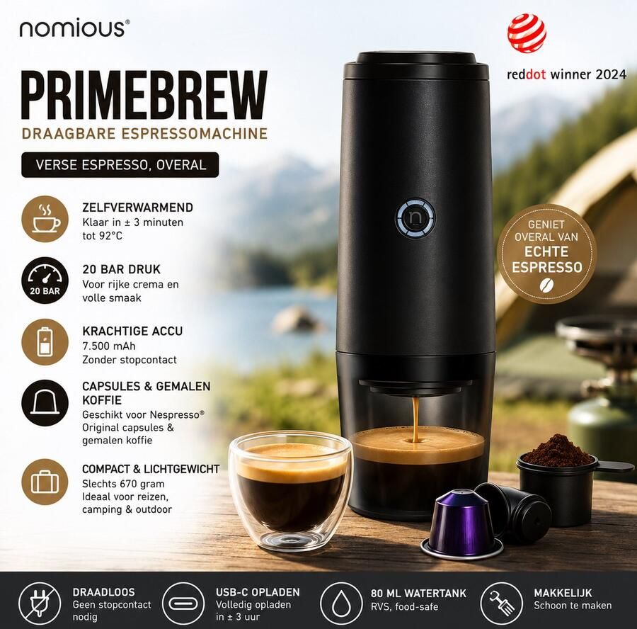 Nomious Prime Brew – Draagbare espressomachine & portable espresso maker – Elecrische koffiemachine voor koffie onderweg – Mini espresso apparaat met barista-kwaliteit – ook voor decafé nespresso Gemakkelijk mee te nemen op reis camping of kantoor - Foto 3