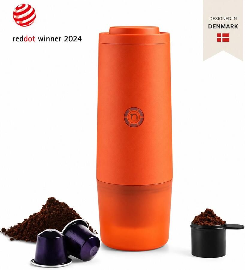 Nomious Prime Brew – Draagbare Espresso Machine – Portable Espresso Maker voor Onderweg Camping & Reizen – Handmatige Espressomachine – Zelf Verwarmend Nespresso Capsules & Gemalen Koffie – 20 Bar Geen Stopcontact nodig Compact Deens Design