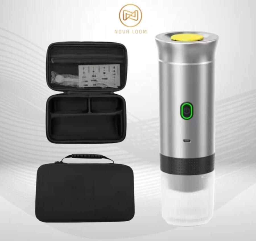 Nova Loom Draagbare Espressomachine inclusief Travelbag en houder voor auto thuis en camping Multifunctionele 3-in-1 draagbare elektrische reiskoffieapparaat Capsule cups en Poeder licht grijs draadloos makkelijk oplaadbaar