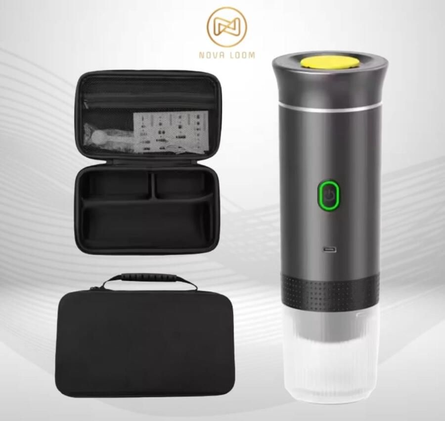 Nova Loom Draagbare Espressomachine inclusief Travelbag en houder voor auto thuis en camping Multifunctionele 3-in-1 draagbare elektrische reiskoffieapparaat Capsule cups en Poeder Donker grijs draadloos makkelijk oplaadbaar