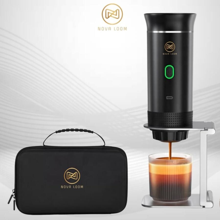 Nova Loom Draagbaar Espressomachine Pro inclusief Travelbag en houder voor auto thuis en camping Multifunctionele 3-in-1 draagbare elektrische reiskoffieapparaat Capsule cups en Poeder Zwart draadloos makkelijk oplaadbaar
