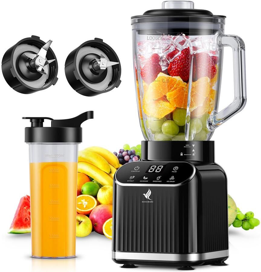 NovaWare Blender 1.5L Inclusief beker to go 600ml 1200W Smoothie Maker Mini Blender – Met Display Glas Zwart