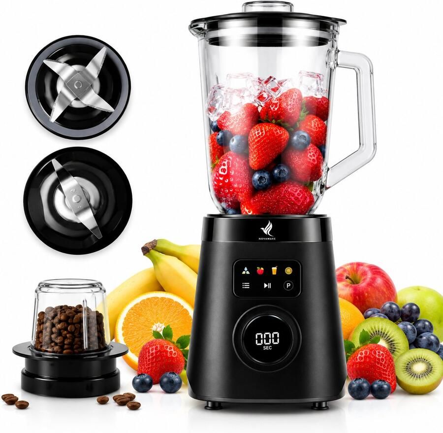 NovaWare Blender – 1.5L – Smoothie Maker Incl. Koffiemolen Bonenmaler Functie 250ML 1000W Met Display Glas Zwart