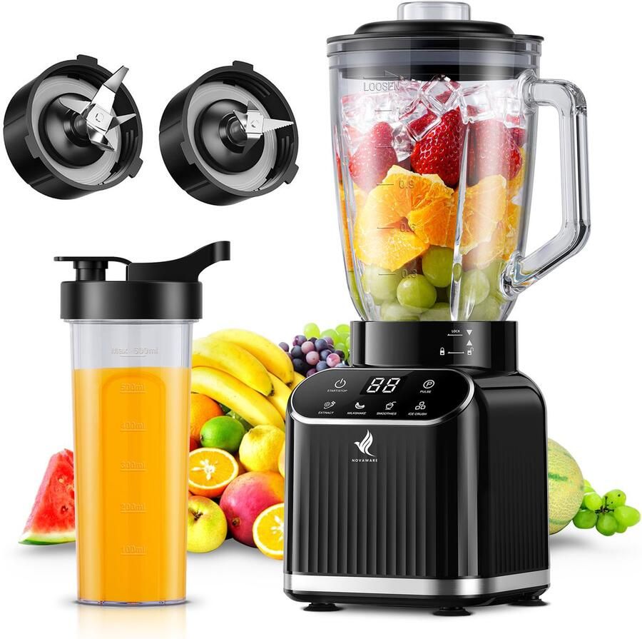 NovaWare Blender 1.5L Inclusief beker to go 600ml 1200W Smoothie Maker Mini Blender – Met Display Glas Zwart - Foto 2