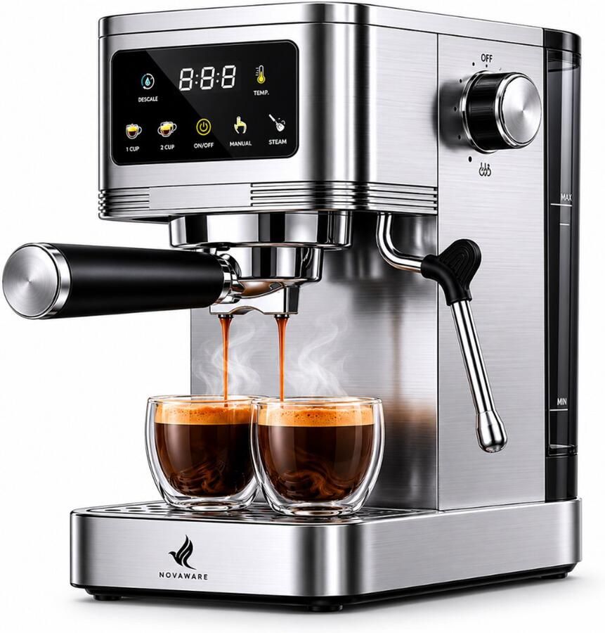 NovaWare Espressomachine – 20 Bar Pistonmachine met stoompijpje Kopjesverwarmer Coffee Machine RVS