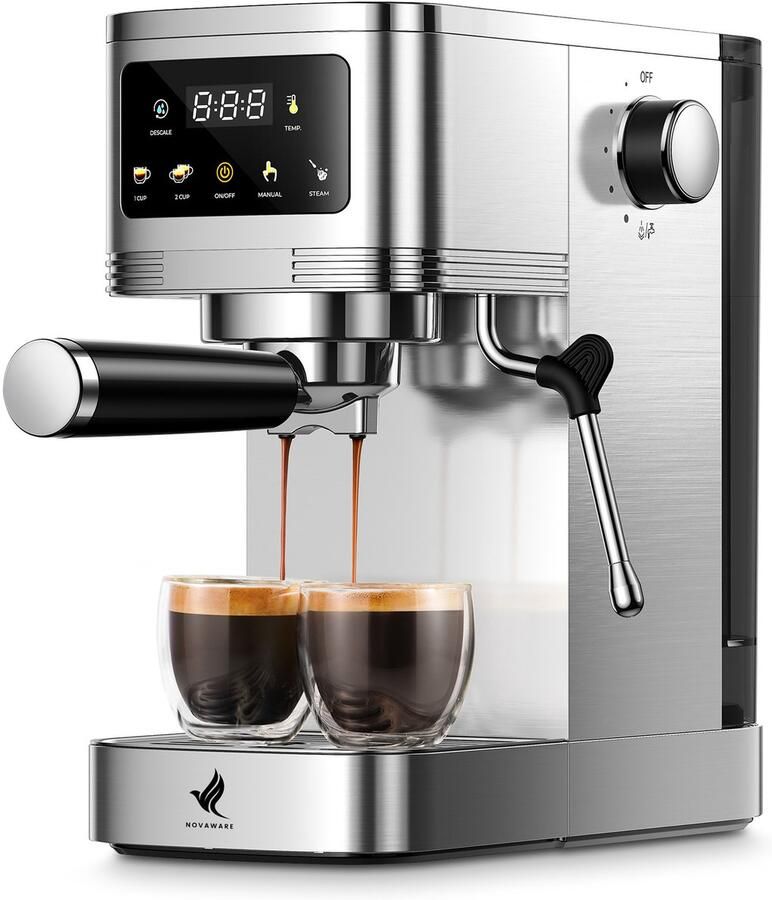 NovaWare Espressomachine – 20 Bar Pistonmachine met stoompijpje Kopjesverwarmer Coffee Machine RVS - Foto 2