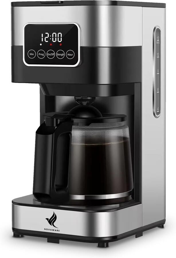 NovaWare Koffiezetapparaat Filterkoffie – 1.5L Koffiemachines – Display – 12 Koppen – Zwart RVS