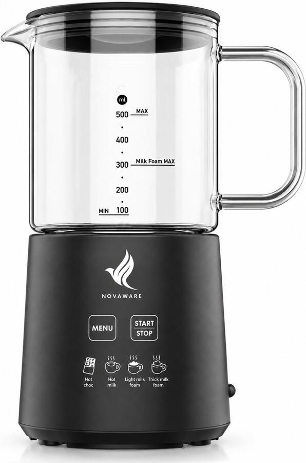 NovaWare Melkopschuimer met Schenktuit Elektrisch – Milk Frother – Melkklopper PFAS-vrij Glazen kan