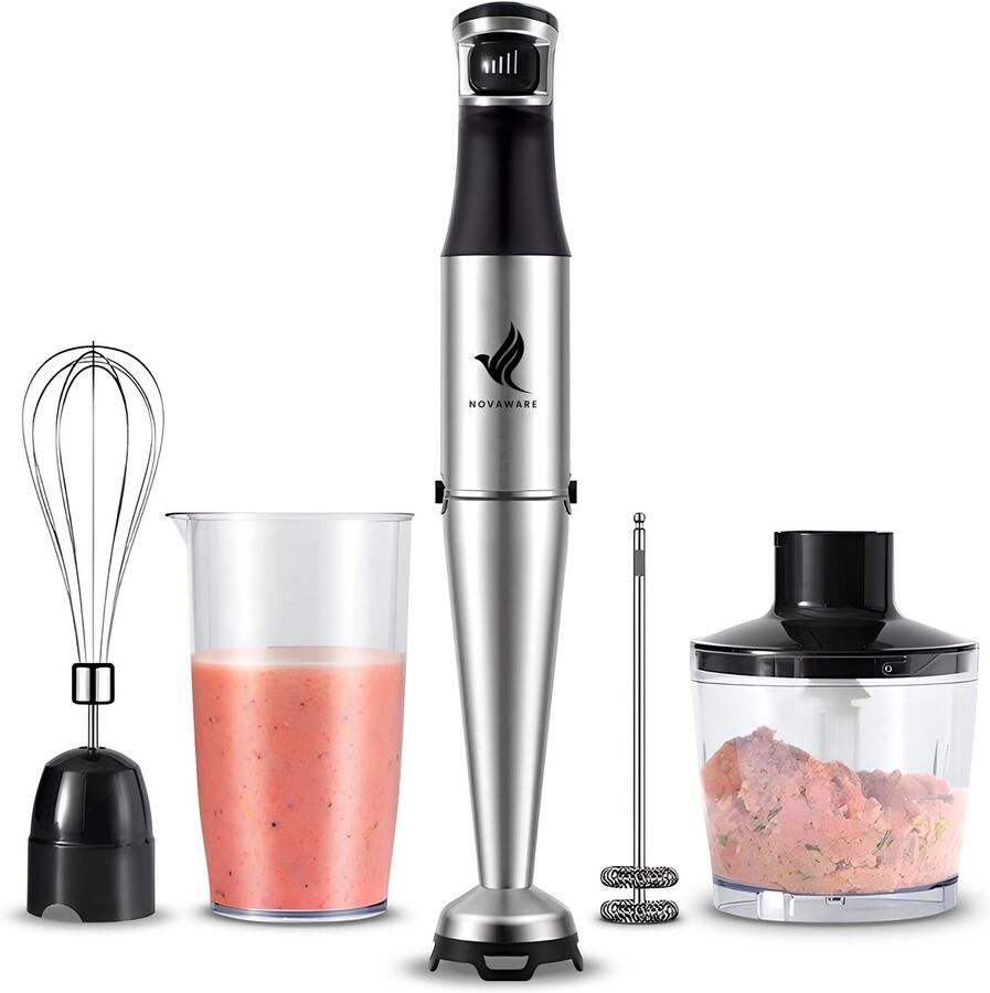 NovaWare Staafmixer – 6-in-1 Staafmixer Set – 1100W Met Hakmolen Garde Melkopschuimer & Maatbeker – RVS