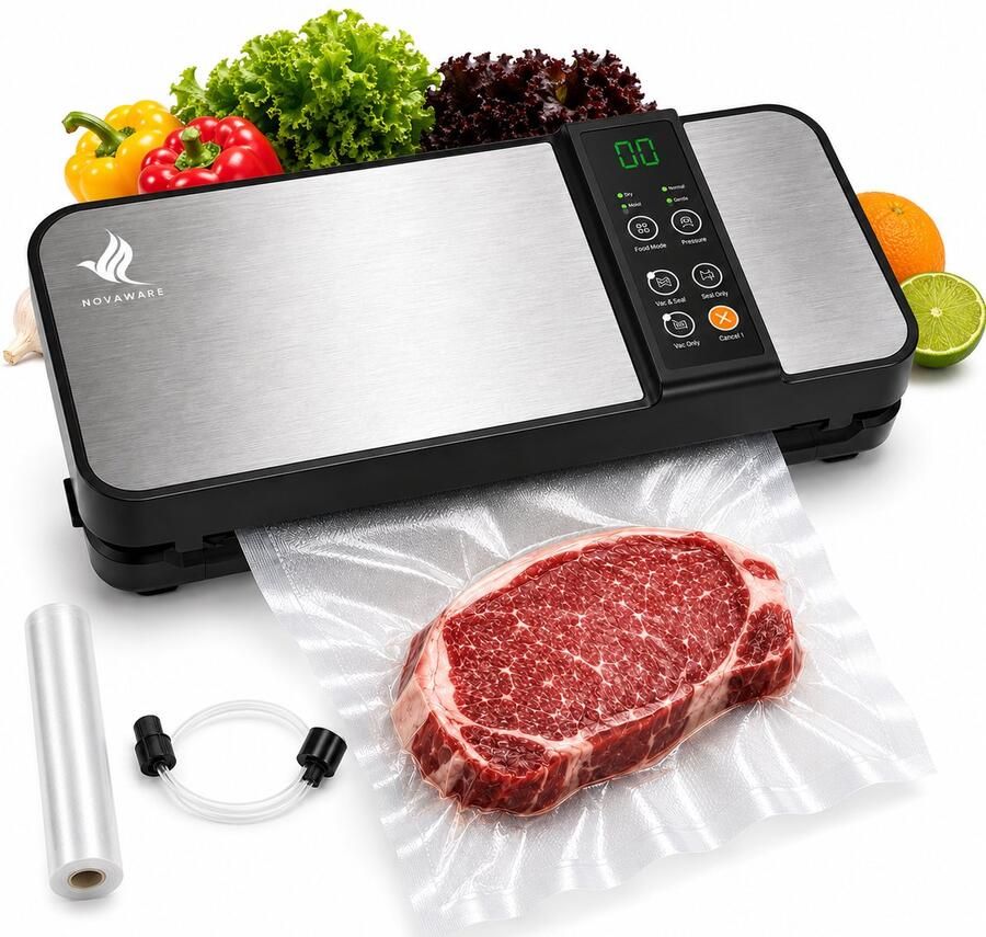 NovaWare Vacumeermachine – Vacuümmachines Vacuum Sealer Foodsaver Seal Apparaat – Incl. 3m PFAS-vrije rol en Vacuumslang 10L min Grijs