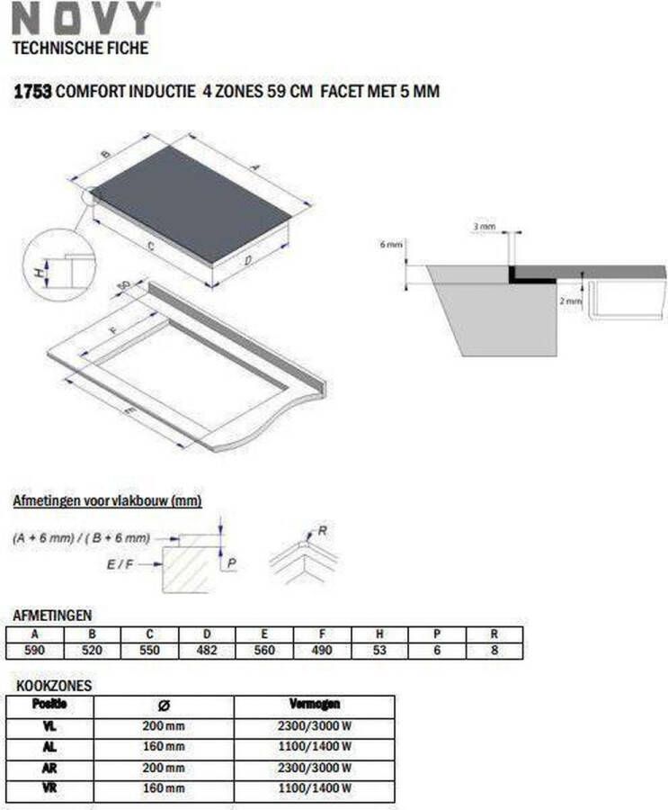 Novy 1753 Comfort inductie 4 zones 59 cm facet 5mm | Inductiekookplaten | Keuken&Koken Kookplaten | 1753