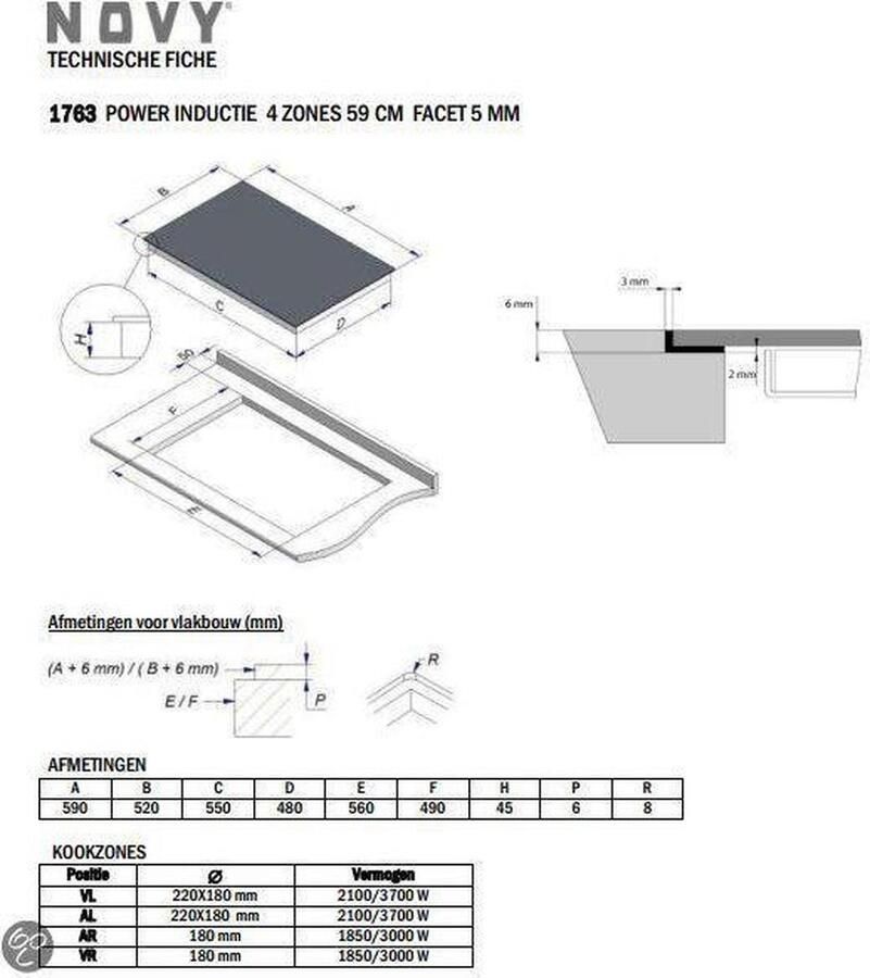 Novy 1763 Power inductie 4 zones 59 cm facet 5 mm | Inductiekookplaten | Keuken&Koken Kookplaten | 1763