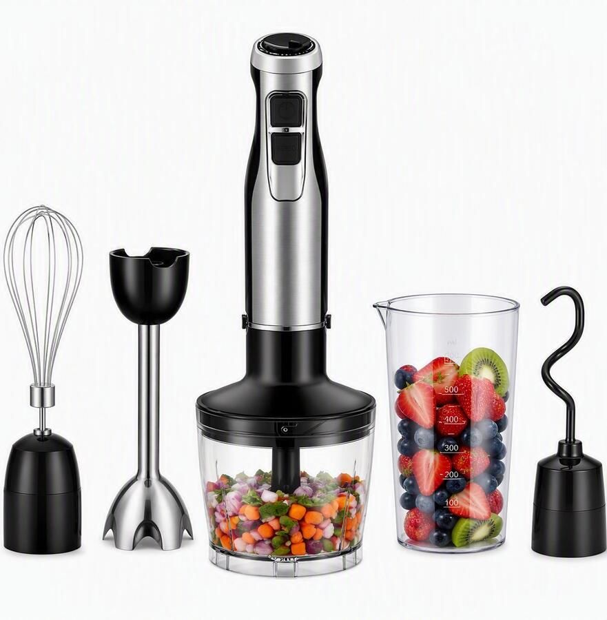 Nutrella Staafmixer Mixer Handmixer Blender RVS 4 in 1 6 Snelheden Krachtig- 1200 W Zwart
