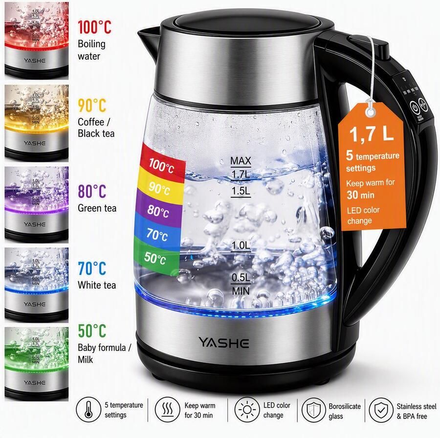 Nutrella Waterkoker 5 Temperatuurstanden 1 7 L 2200W Snelkookfunctie Warmhoudfunctie tot 30 minuten Glazen Waterkokers