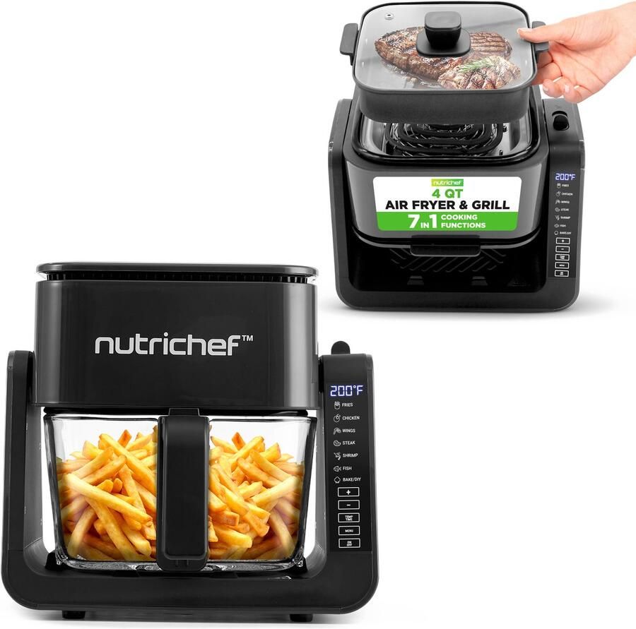 NUTRICHEF 3 8 Liter Airfryer & Grill – 7-in-1 Voorgeprogrammeerde Kookstanden – Transparante Glazen Frituurkom – Zwart