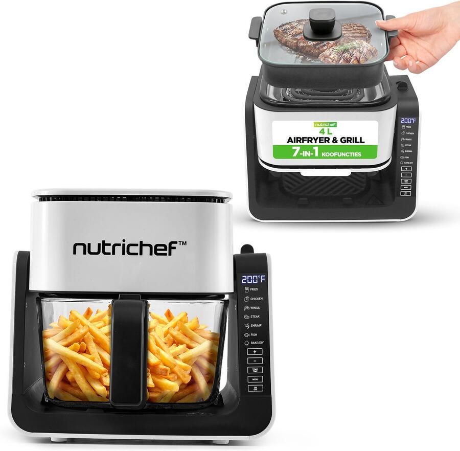 NUTRICHEF 3 8 Liter Airfryer & Grill – 7-in-1 Voorgeprogrammeerde Kookstanden – Transparante Glazen Frituurkom – Wit