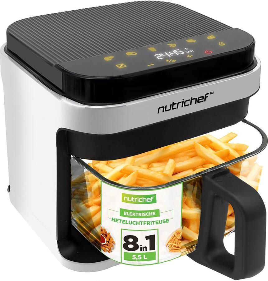 NUTRICHEF Airfryer 5 L – 8-in-1 Kookmodi Transparante Kom Nauwkeurige Temperatuur & Timer – Wit
