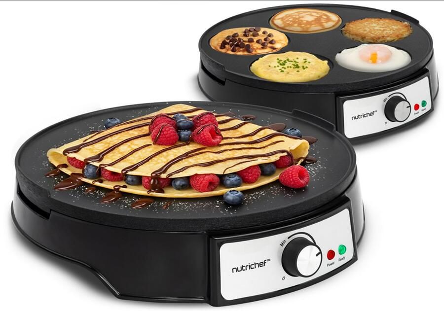 NUTRICHEF Crêpemaker -Pannenkoekenmaker 30 cm- Omkeerbare antiaanbak bakplaat Instelbare temperatuur en LED-indicatorlampjes – Inclusief houten spatel en beslagverdeler