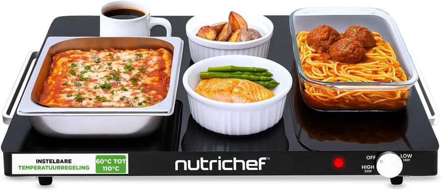 NUTRICHEF Elektrisch Warmhoudplaat Glazen Oppervlak Instelbare Temperatuur Energiezuinig & Ruimtebesparend Perfect voor Buffetten en Feestjes Zwart